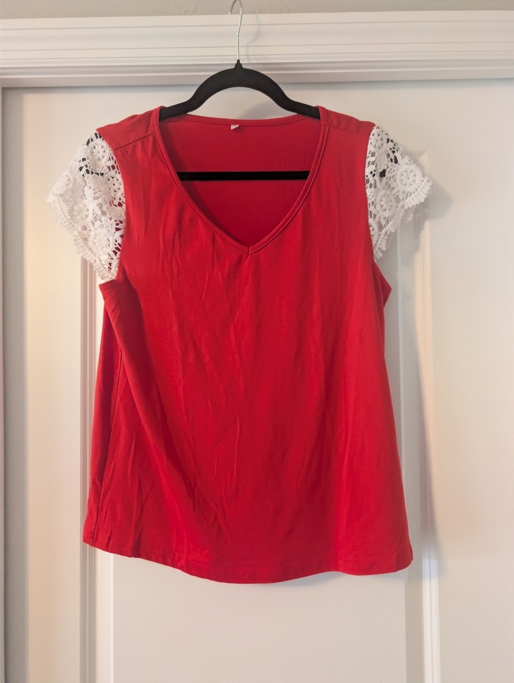 Red V-Neck Top with White Lace Sleeves - Women